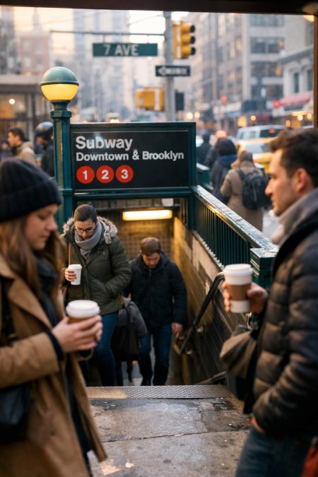 Person holding takeaway coffee while walking on a New York City street in the morning